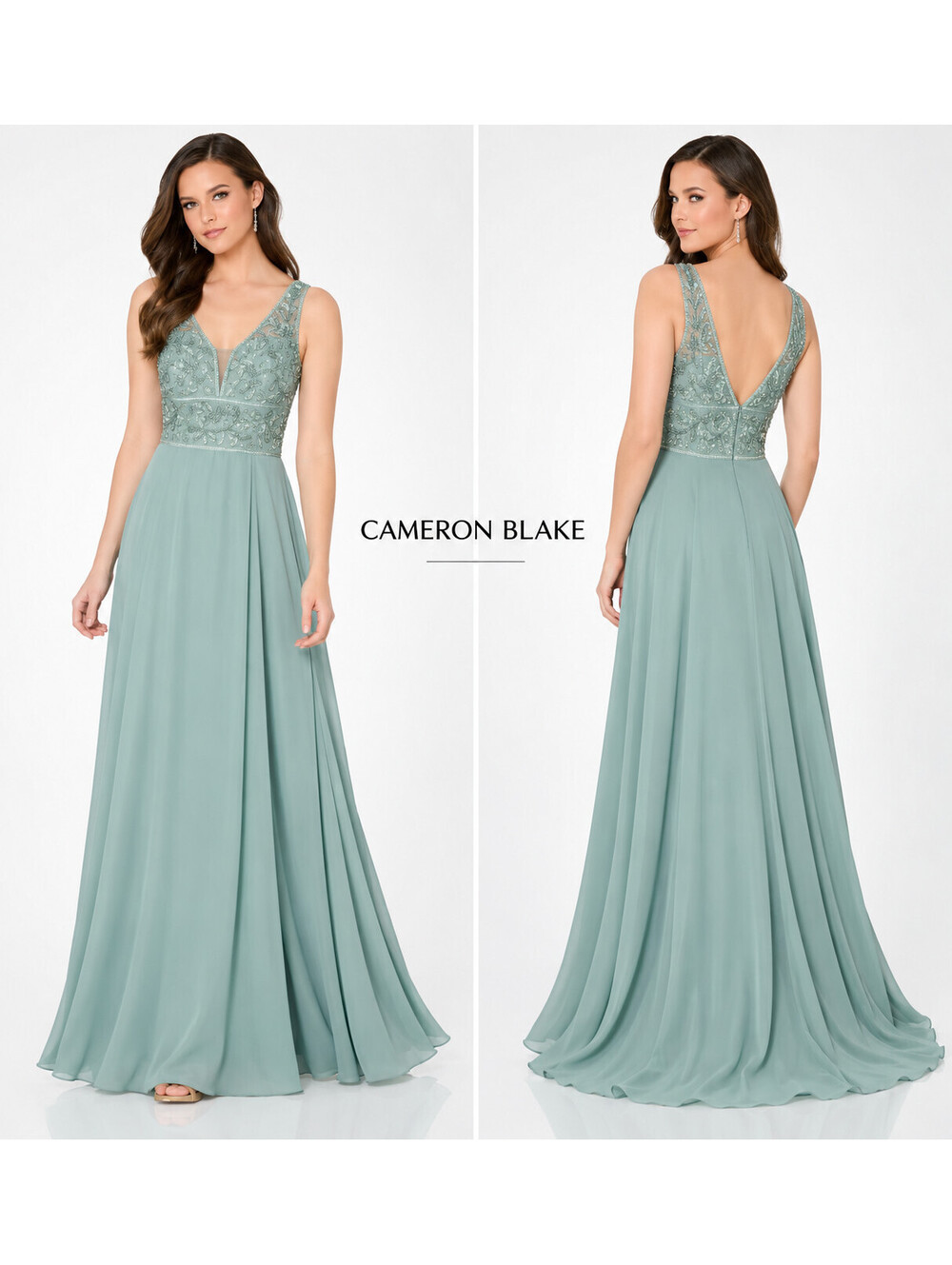 Cameron Blake CB790 Beaded V-Neck Evening Gown sz M Sage Silk Chiffon Formal NWT